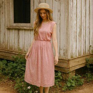 Vintage 1980s Pastel Pink Lace Slinky Midi Dress XS/S